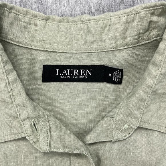 Lauren Ralph Lauren Linen Blouse Top M Short Sleeve Tan Beige Cuffable Lagenlook - Picture 4 of 11